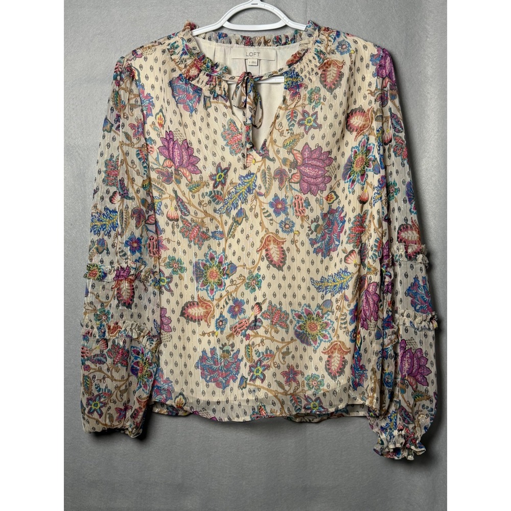 Loft Womens Small Floral Paisley Metallic Stripe Ruffle Tie Neck Blouse Top